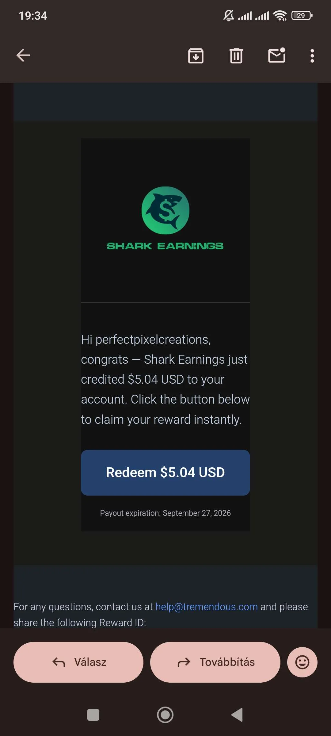 Shark Earnings gift card payment proof - reward redeemed by community member
