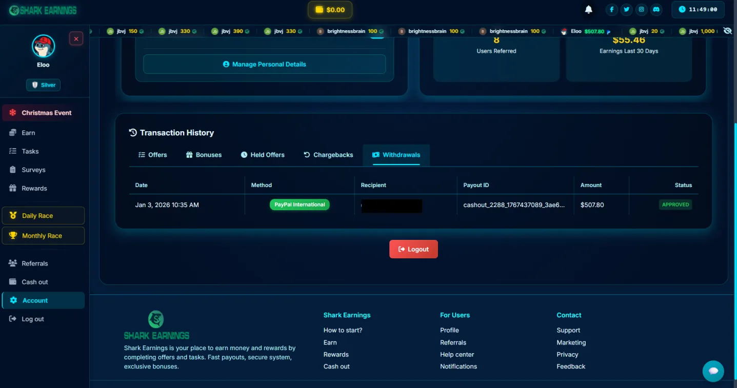 Legitimate Shark Earnings payout - verified cashout from regular member