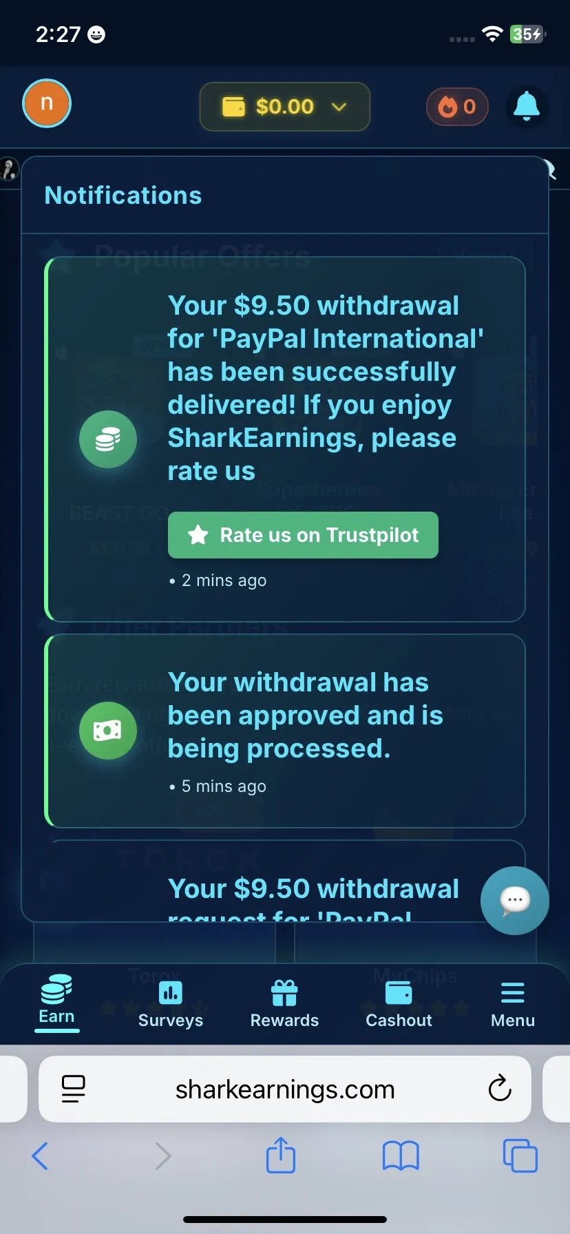 Shark Earnings payment screenshot - one of hundreds of weekly community payouts