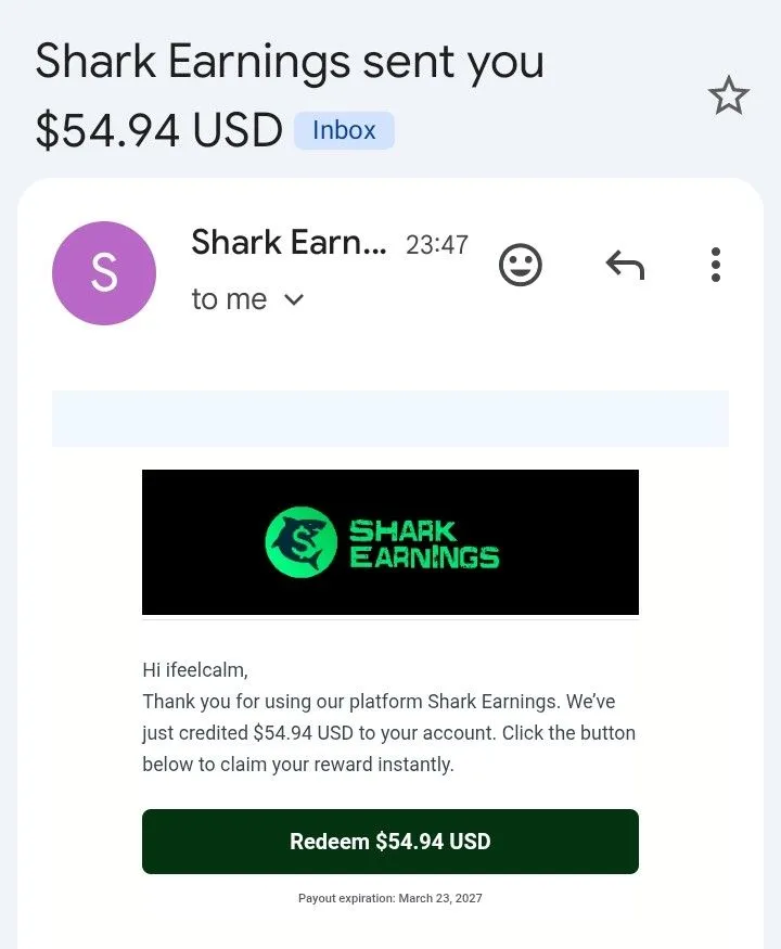 Verified Shark Earnings withdrawal proof - community member receives payout