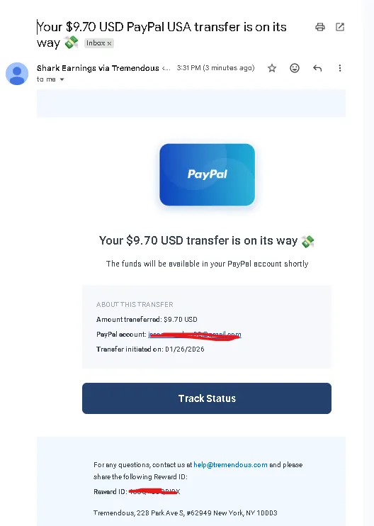Shark Earnings payment confirmation screenshot - user paid