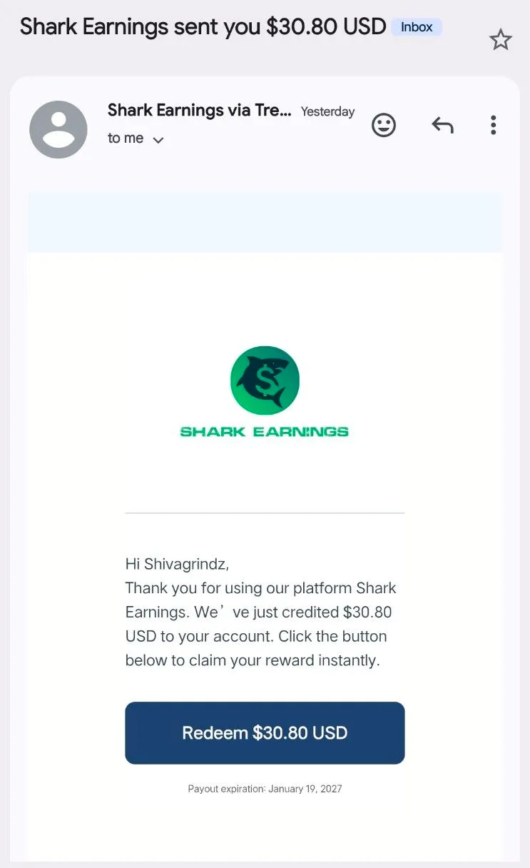 Real payout from Shark Earnings - PayPal transaction proof screenshot